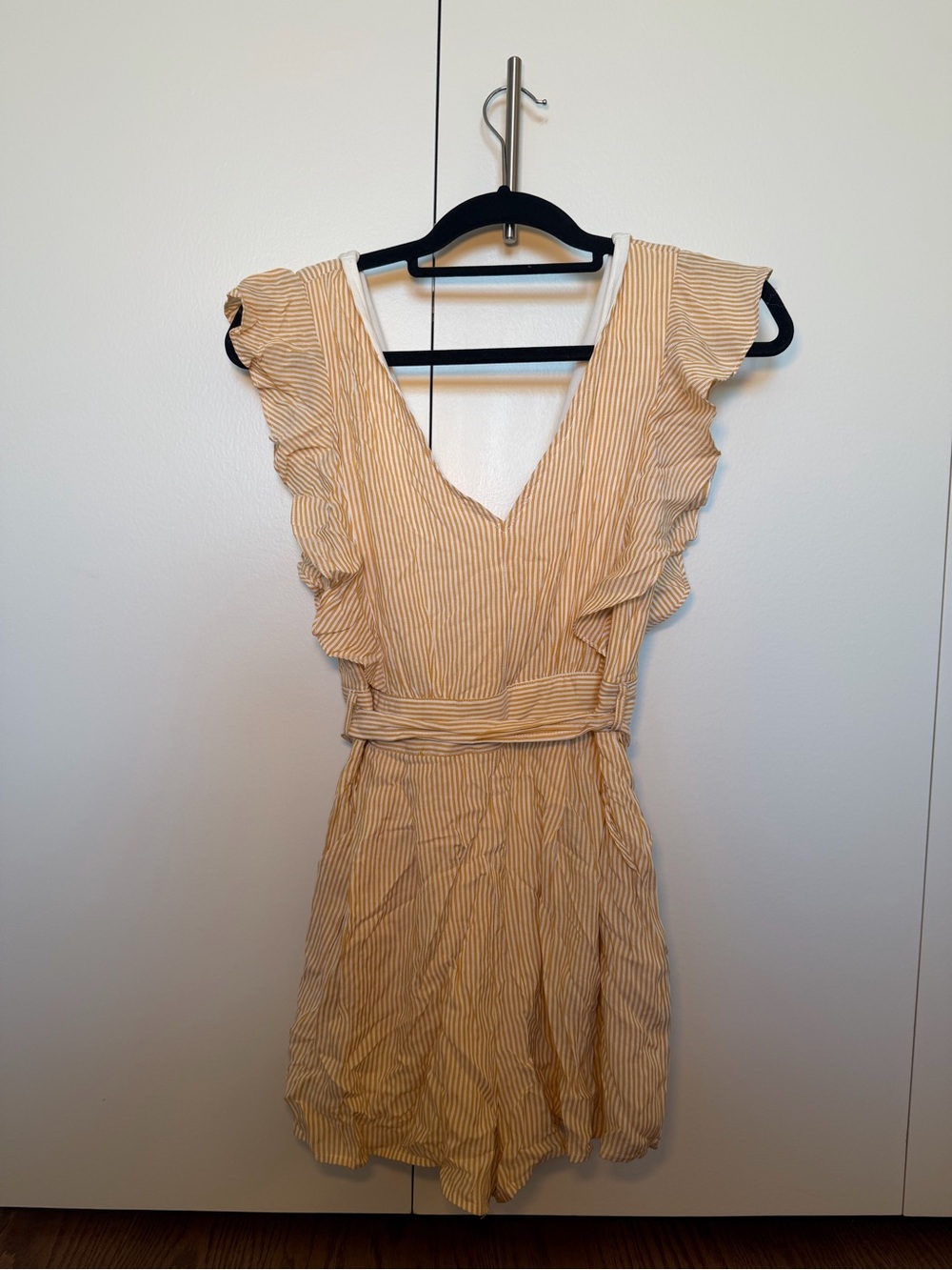 Yellow Striped V-Neck Ruffle Romper by